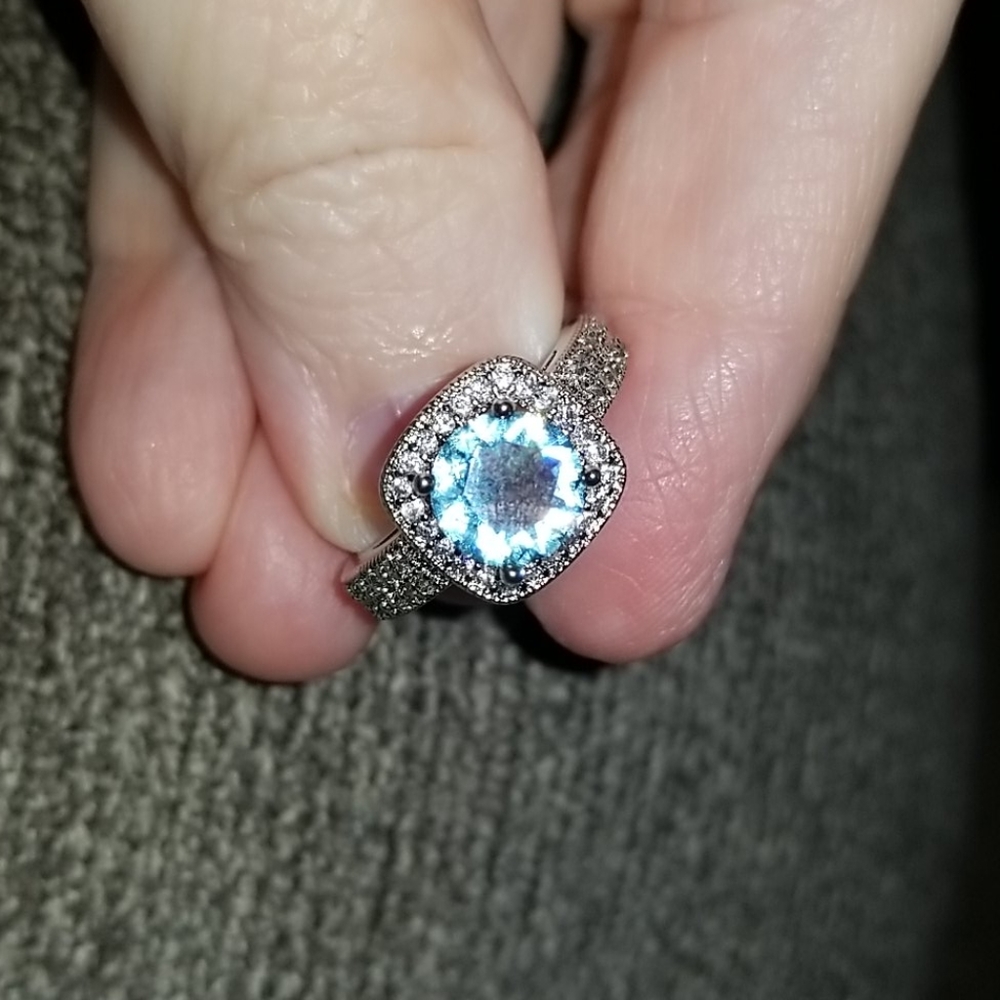 14K WGold Overlay Sky Blue Topaz, Sapphire Ring - Picture 11 of 12